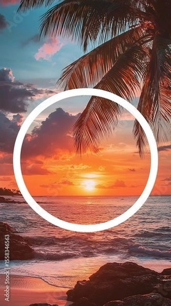 Fototapeta A vivid sunset creates dramatic colors in the sky above the ocean, casting a peaceful glow over the beach, making it a perfect visual escape for reflection and tranquility.
