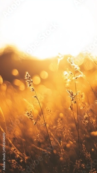 Fototapeta A stunning capture of golden grass bathed in soft sunlight during the golden hour, conveying warmth, tranquility, and the beauty of nature as it transitions into dusk.