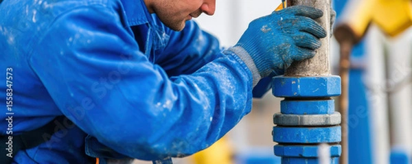 Fototapeta Technician performing maintenance on industrial equipment, wearing blue coveralls and gloves, focused on task at hand. environment is workshop with tools and machinery visible