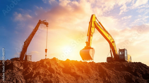 Fototapeta Excavators and cranes operate on construction site at sunset, showcasing heavy machinery in action. vibrant sky adds dramatic backdrop to industrial scene