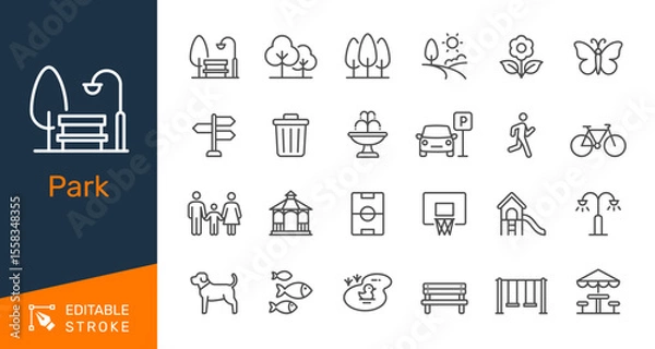 Fototapeta Park thin line icon collection for outdoor, nature and recreation concept. Editable stroke. Pixel perfect.