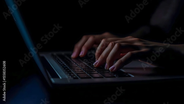 Fototapeta Fast Typing on Laptop Keyboard in a Dark Room – Close-Up Shot
