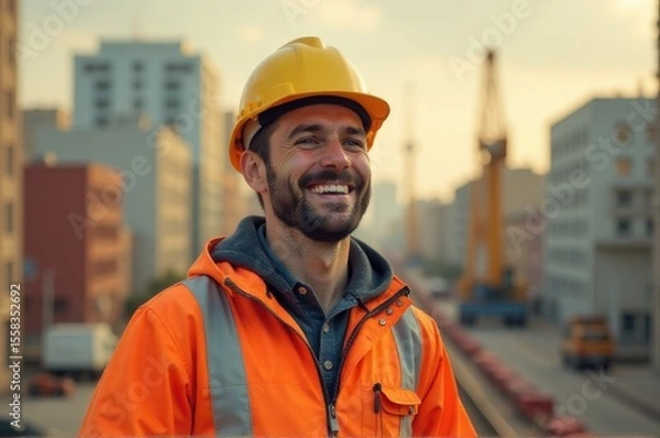Fototapeta A worker in a bright orange vest and hard hat, perfect for construction or work-related images