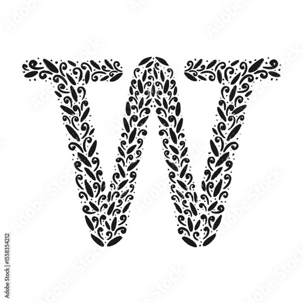 Fototapeta Floral botanical alphabet. Vintage hand drawn monogram letter W. Letter with plants and flowers. Vector lettering isolated on white