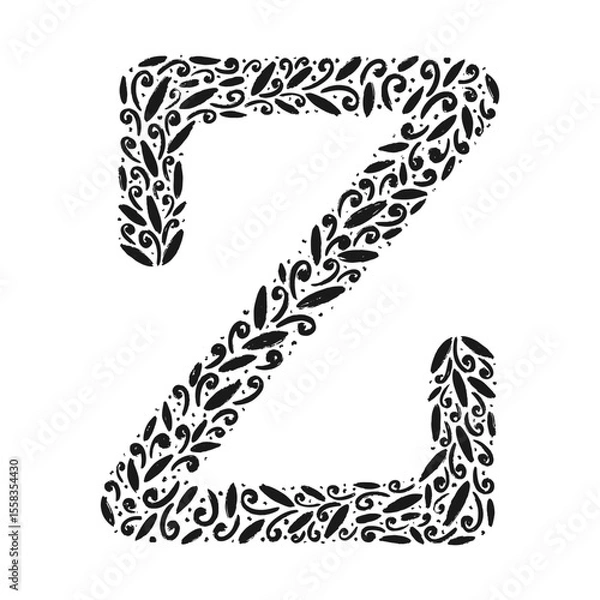 Fototapeta Floral botanical alphabet. Vintage hand drawn monogram letter Z. Letter with plants and flowers. Vector lettering isolated on white	