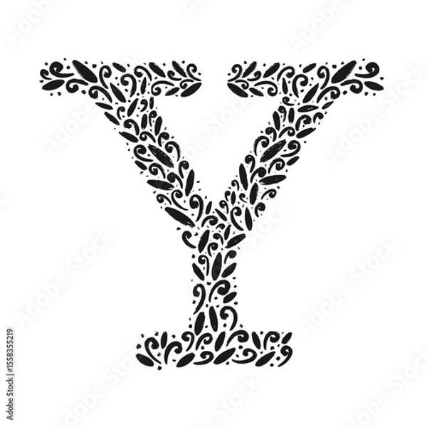 Fototapeta Floral botanical alphabet. Vintage hand drawn monogram letter Y. Letter with plants and flowers. Vector lettering isolated on white