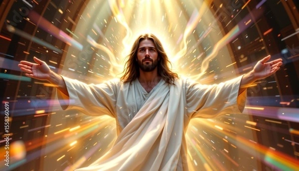 Fototapeta an artistic portrayal of a figure that resembles jesus christ. the figure is centrally positioned and radiates light from their body