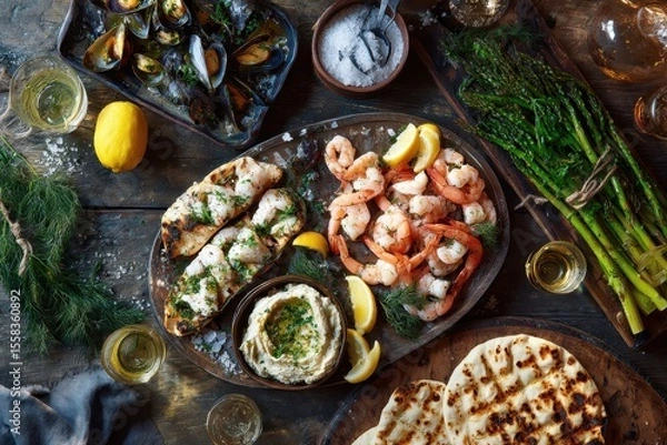 Fototapeta Delicious seafood platters with fresh shrimp, grilled fish, and herbs arranged on rustic wooden tablescape for a vibrant dining experience