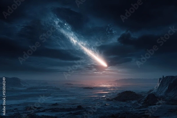 Fototapeta Extinction event triggered by a comet striking Earth, illuminating the dark ocean and rocky landscape during a dramatic night sky