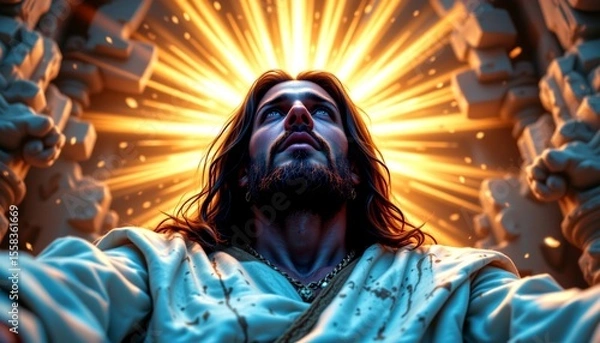 Fototapeta a dramatic scene featuring a man with a beard and long hair, seemingly in a moment of intense emotion or religious fervor
