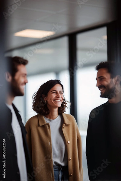 Fototapeta Smiling business team having casual conversation in modern office environment