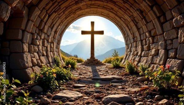 Fototapeta an ancient stone tunnel through which rays of sunlight shine down to illuminate a cross in the center