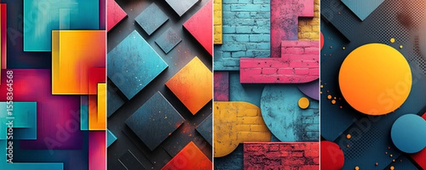 Fototapeta Abstract geometric collage featuring vibrant squares, circles, and brick textures in a modern, artistic composition.