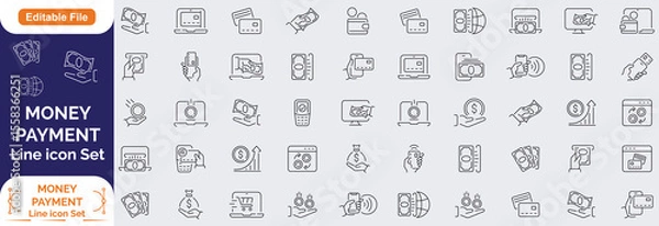Obraz Money Payment Line icon set. Containing finance, money, banking, credit card, exchange, cash, payment methods, money transfer, bill, receipt, ATM, purchase and more. Editable line icons. 