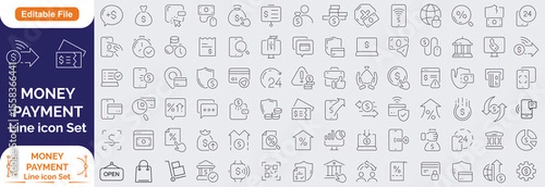 Obraz Money Payment Line icon set. Containing finance, money, banking, credit card, exchange, cash, payment methods, money transfer, bill, receipt, ATM, purchase and more. Editable line icons. 