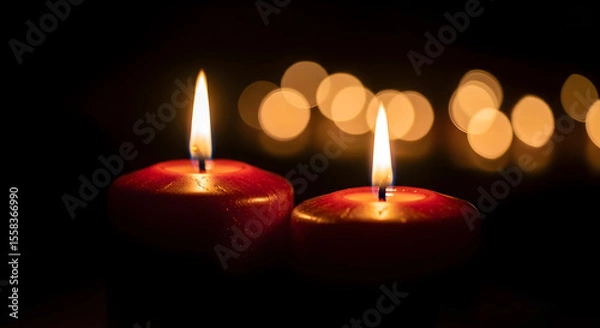 Obraz Two burning candles on dark background