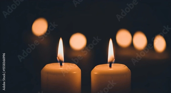 Obraz Two burning candles on dark background