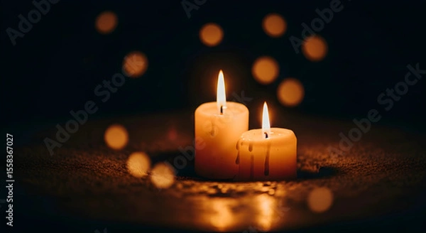Obraz Two burning candles on dark background