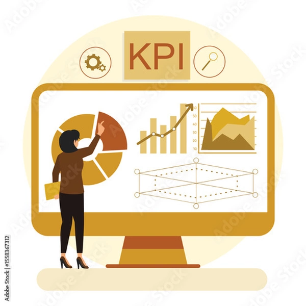 Obraz Businesswoman Analyzing Data and Key Performance Indicators on a Monitor.