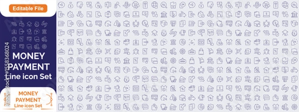 Obraz Money Bill Payment Big icon set. Finance related line icons: money, receipt, invoice, document, ATM, cash, coins in hand, credit card, wallet and more. Editable stroke. Vector illustration.