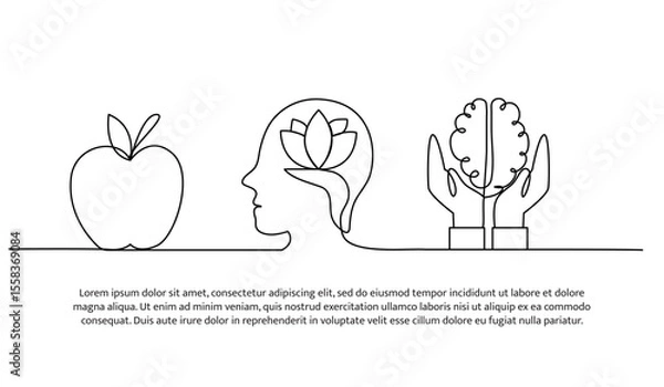 Obraz Continuous line design of concern for brain health. Single line decorative element drawn on white.