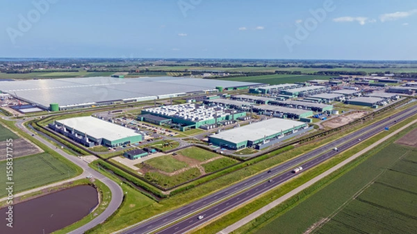 Obraz Aerial from data center, big tech, cloud data, computing center, Middenmeer, in the Netherlands.