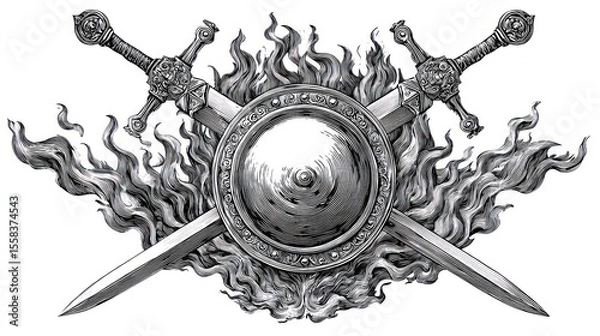 Fototapeta Two crossed swords over a shield, surrounded by flames