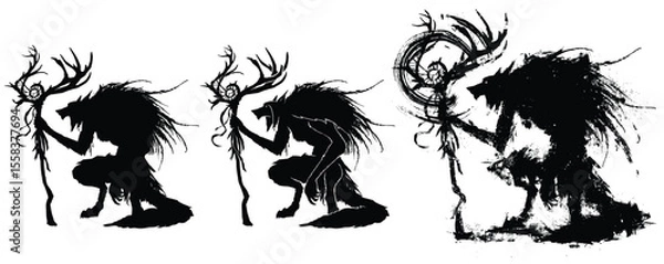 Obraz The black silhouette of a werewolf druid, he is a wizard with the body of a wolf, a large staff of deer antlers in a feathered cape on a hunchback. 2d ink art