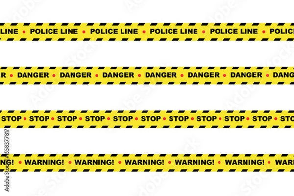 Fototapeta Yellow police tape with danger, stop, and warning signs, emergency situation, restricted access concept icon
