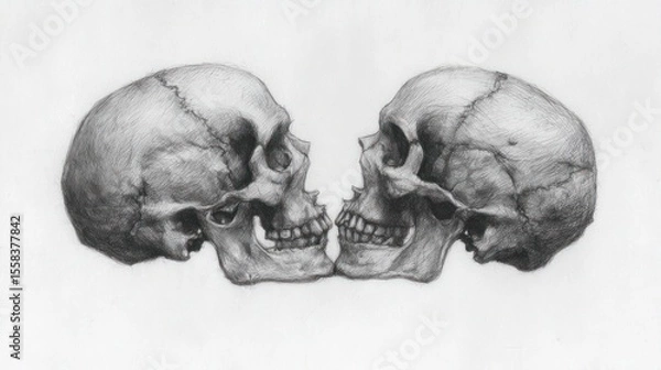 Fototapeta Two skulls facing each other, in profile, touching