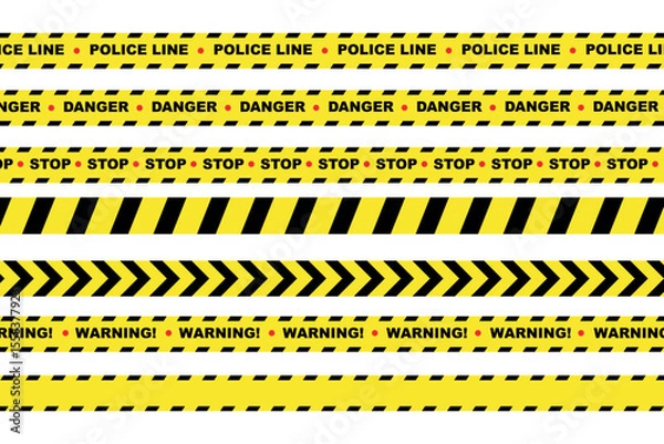 Fototapeta Crossed police lines with stop and danger signs, warning tape for restricted areas, security zone icon
