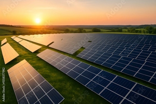 Obraz Solar farm generating solar energy. Solar panels park generating green energy electric at sunset. Green energy reduce carbon emissions and makes earth cleaner and more ecological.