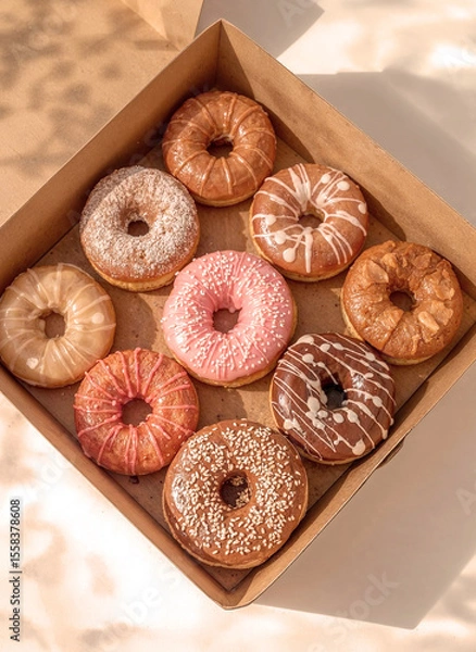 Fototapeta Top-down view of delicious selection of colorful donuts, including pink, chocolate, and glazed, presented in an open box. Ideal for showcasing baked goods, breakfast treats, or confectionery.