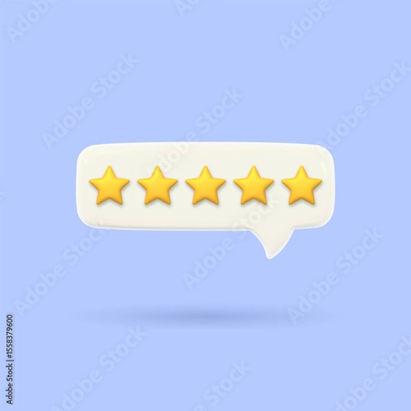 Fototapeta 3D speech bubble with five gold rating stars. Visualizing the assessment of excellent service quality.Render of voting, rating or survey on the product. Customer feedback. Volumetric chat messages