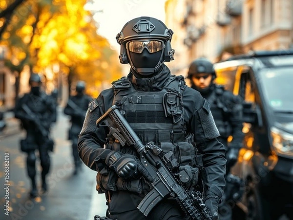 Obraz selective focus SWAT team exiting armored van