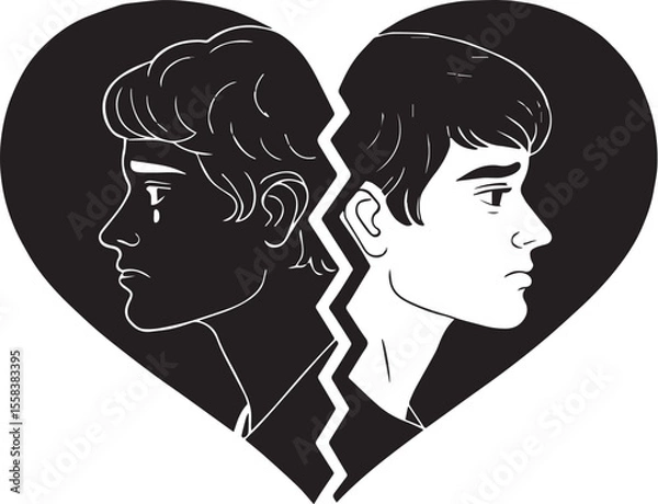Obraz Black silhouette of broken heart with crack line in flat vector style, sad emotion symbol for heartbreak, love loss, pain, sorrow, relationship breakup, grief, loneliness, and emotional distress

