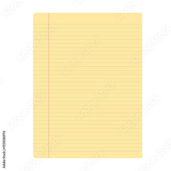 Fototapeta Single yellow lined paper with margin. Blank stationary for notes and writing. Isolated sheet for education document. Vector