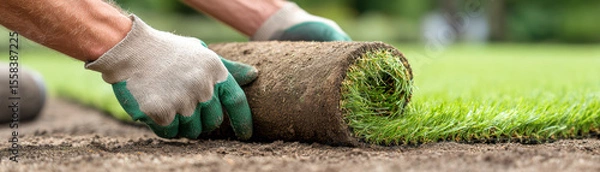 Fototapeta Professional landscaping crew meticulously laying new green sod. Worker hands carefully unroll fresh turf for backyard lawn installation expressing focused effort and job satisfaction
