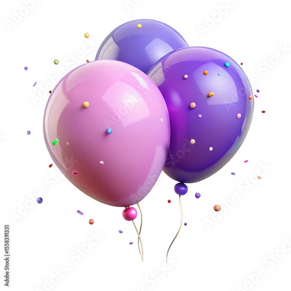 Fototapeta 3d pink and purple balloons with confetti isolated on transparent background