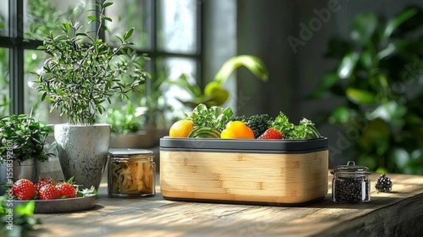 Fototapeta Fresh fruits and vegetables displayed in a stylish bamboo container on a rustic table in a bright kitchen