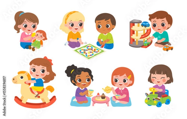 Obraz Various happy children engaging in fun indoor play activities, including riding toys, having tea parties, and playing board games, , doll play, and ride-on toys on white background.