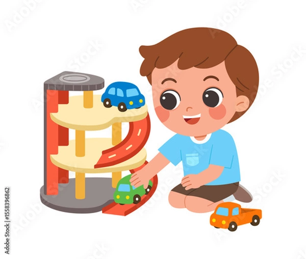Obraz Happy boy playing with toy garage and cars. A cheerful boy in a blue shirt playing with a colorful toy garage and cars. Great for themes of childhood, creativity, and early learning.