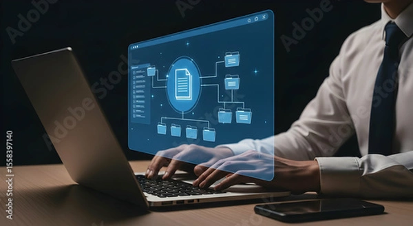 Fototapeta Person using laptop with a holographic file system overlay