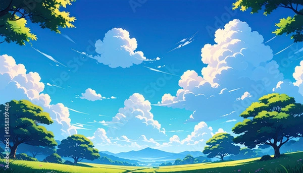 Obraz 入道雲が浮かぶ爽やかな都市部の夏の空　アニメ風