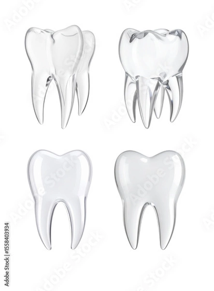 Obraz Four glass teeth representing dental health and hygiene on a transparent background