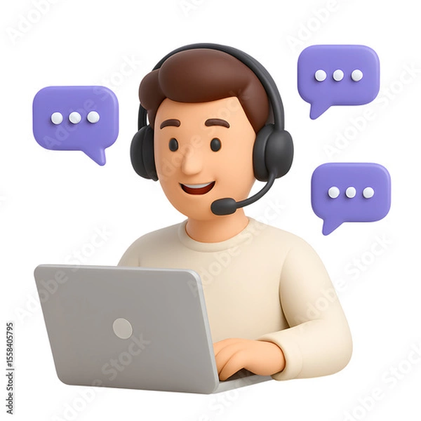 Fototapeta 3D cartoon man with headset using laptop, customer support agent, purple chat bubbles, communication concept, isolated on pure transparent background