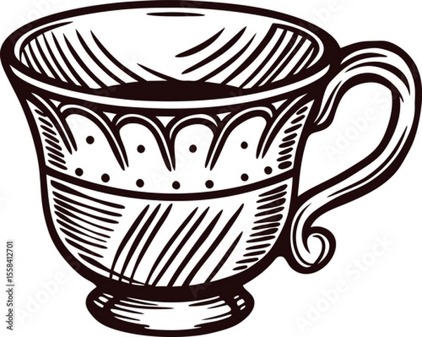 Fototapeta Hand drawn vintage ceramic teacup with ornate pattern and handle, black and white sketch illustration