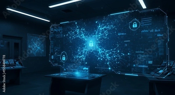 Fototapeta Cybersecurity Command Center with Secure Network Visualization. (AI Generated)