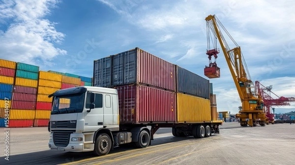 Fototapeta Truck loading containers at a port