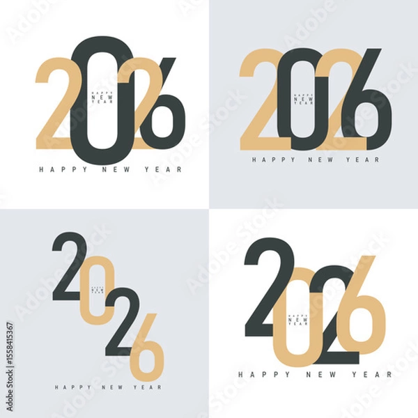 Fototapeta  Stylish 2026 New Year vector set with modern typography in black and gold. Perfect for cards, banners, and festive designs with a clean, minimalist aesthetic.Vector design